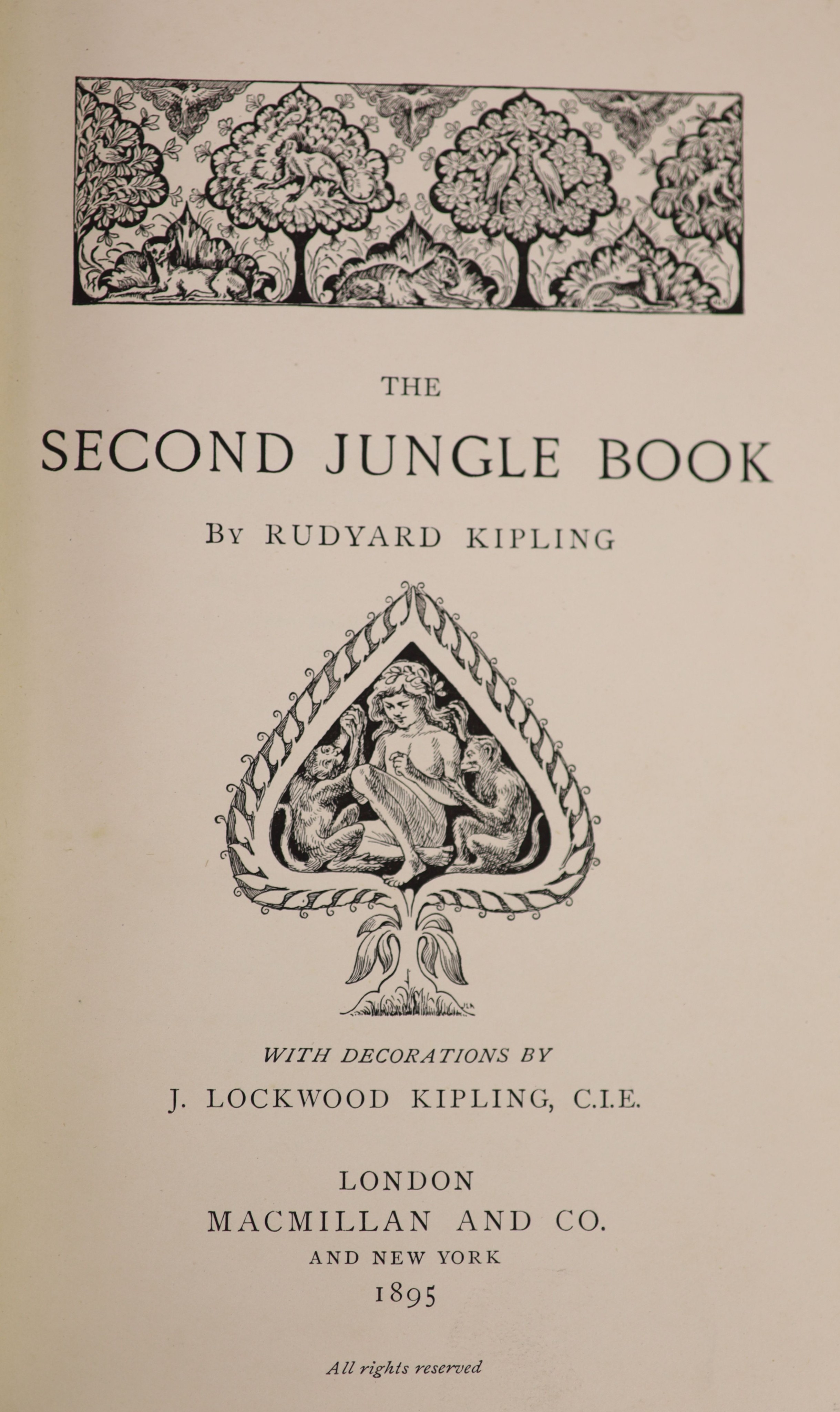 Kipling, Rudyard - The Jungle Book. With: The Second Jungle Book, 2 vols, (Jungle Book 1st edition, 3rd printing, The Second Jungle Book, 1st edition, 2nd printing) 8vo, original cloth, Macmillan & Co; London, 1895
